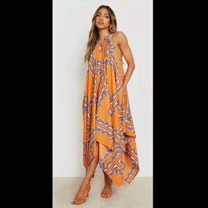 Boohoo Scarf Print Woven Swing Dress Orange 14